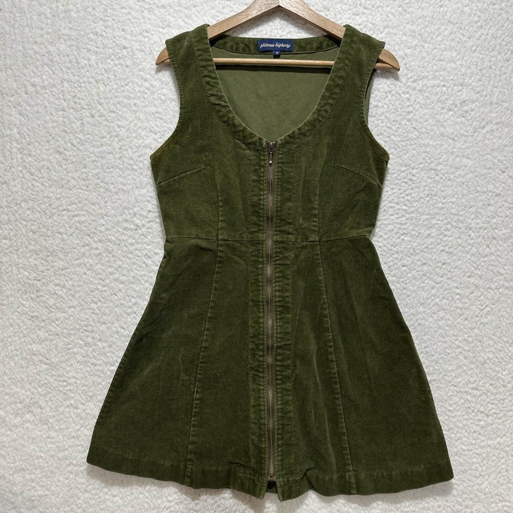 Princess Highway Dress Women's Green Zip Corduroy Sleeveless Fit Flare Size 10